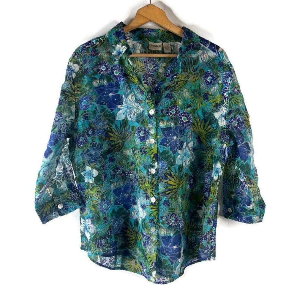 Chico's Womens Shirt Top Size XL Green Floral Sheer Burnout Button Up 3/4 Sleeve